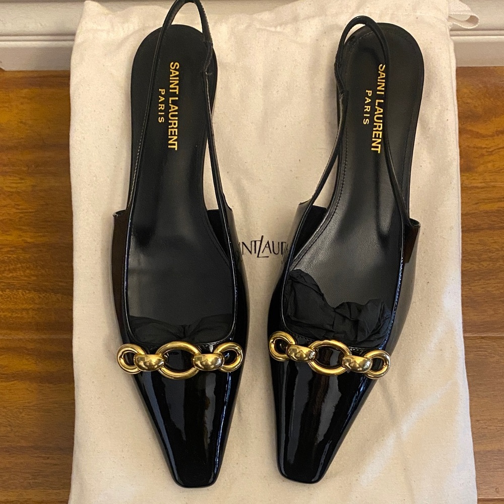 Saint Laurent Black Patent Slingback blade ballet Flats with Gold Chain Detail - Picture 4 of 6